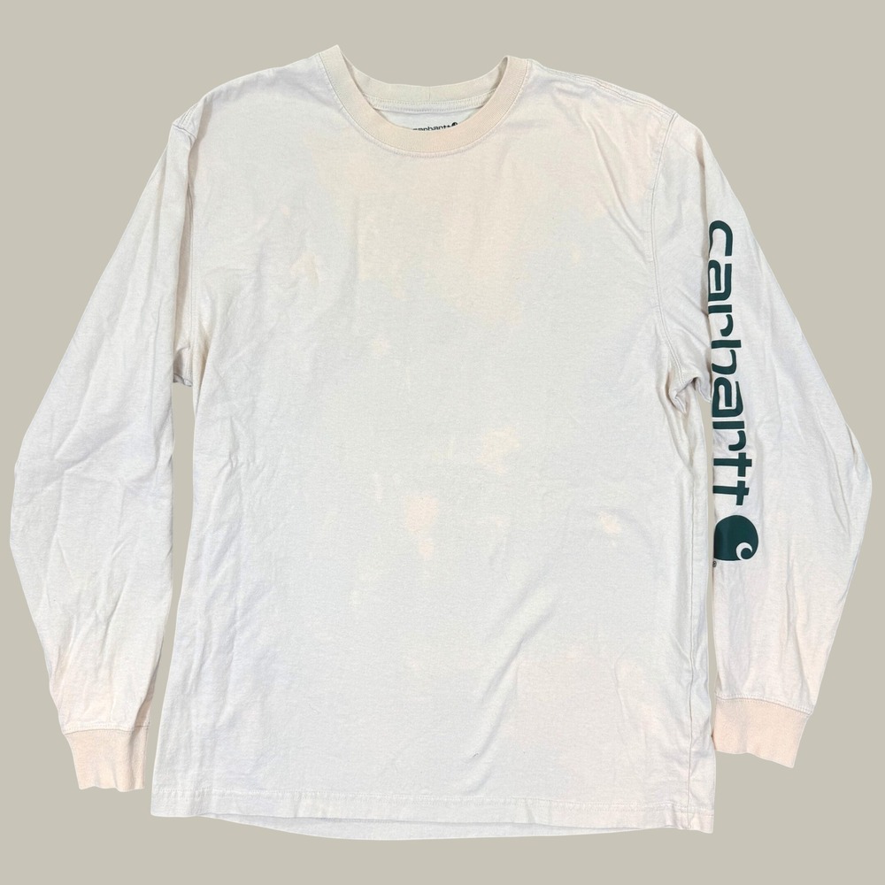 Carhartt Long Sleeve Shirt Men M Cream Graphic Logo Loose Fit Workwear Outdoor